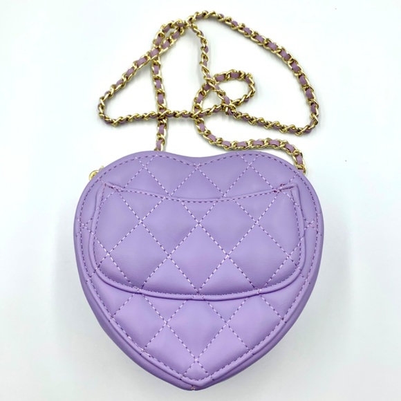 Purple quilted heart shape crossbody/shoulder bag gold-tone chain zipper closure - Picture 3 of 13